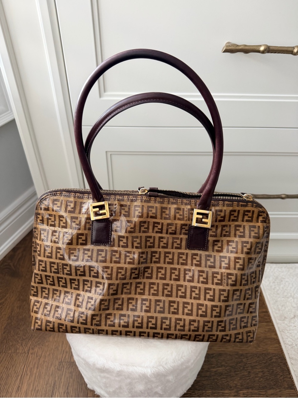 Vintage FENDI Vinyl Zucchino Brown Classic Shoulder Bag Authentic Made In Italy